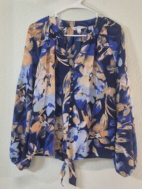 Counterparts Navy, Blue and Tan Floral Tie-Front Blouse